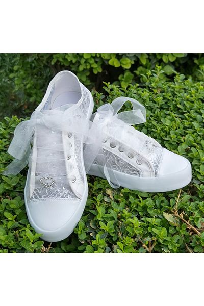 Ayakkabı Tutkusu Stilo ® Piele albă Dantela albă cu paiete Pantofi de mireasă sport cu talpă plată