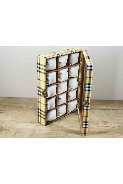 Kelepir Fırsatlar Special Handmade Plaid Patterned Burberrys Model 15 Eyes Large Wristwatch Box