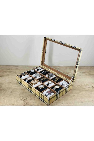 Kelepir Fırsatlar Plaid Yellow Burberrys Patterned Soft Padded 15 Eyes Decorative Stylish Jewelry Watch Necklace Box