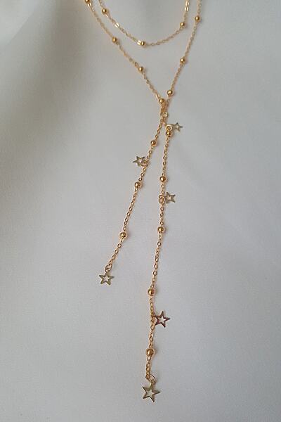 BİJUTERİ EVİ Sallantılı Içi Açık Yıldızlı Top Zincirli Altın Rengi Versa Kolye