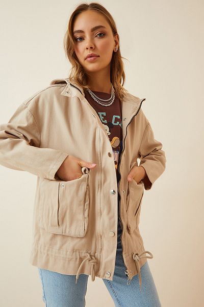 Happiness İstanbul Cremefarbener Oversize-Gabardine-Mantel mit Kapuze für Damen RV00009