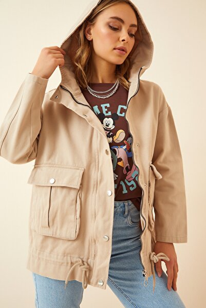 Happiness İstanbul Női krémszínű kapucnis Oversize Gabardine kabát RV00009