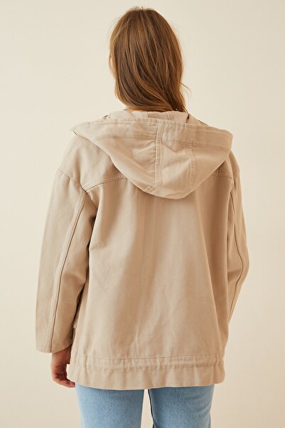 Happiness İstanbul Női krémszínű kapucnis Oversize Gabardine kabát RV00009