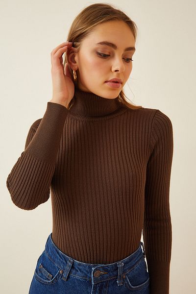 Happiness İstanbul Brauner hochgeschnittener gerippter Lycra-Pullover für Damen DD01007