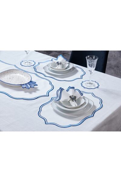 caka home design طقم طاولة مكون من 19 قطعة من تأثير الكتان المطرز ليزا (أزرق ...