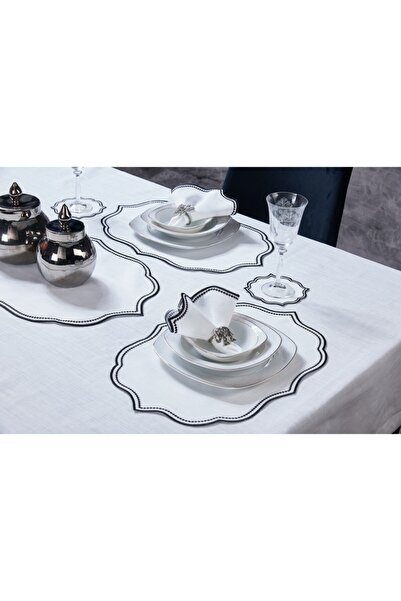 caka home design طقم طاولة مكون من 19 قطعة من تأثير الكتان المطرز ليزا (أسود)