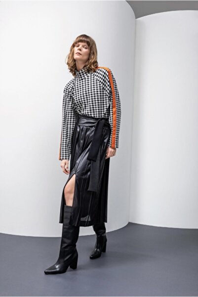 KAMEYA Kolları Turuncu Şeritli Ekose Bluz