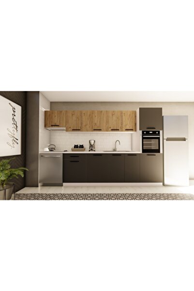 visasconcept 320 Cm Iklim Hazır Mutfak Dolabı Aspiratör Ve Ankastre Kiler Modüllü Atlantik Çam Ve Antrasit