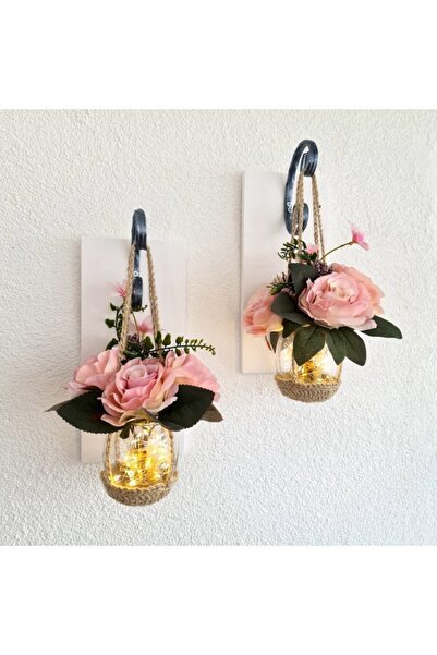STDEKOR Duvar Dekoru Led Işıklı Pudra Pembe Gül Yapay Çiçekli Aplik, Beyaz Ikili Set