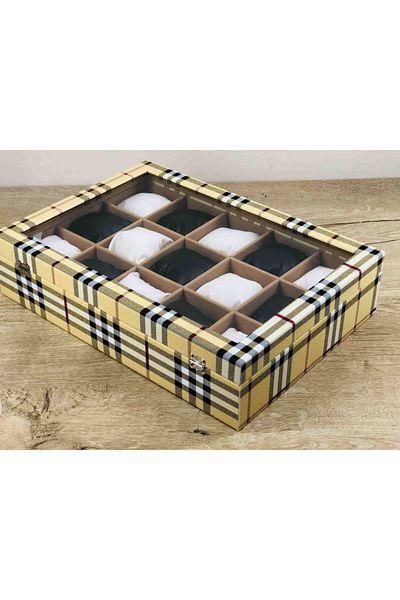 Kelepir Fırsatlar Yellow Plaid Pattern 15 Eyes Square Padded Decorative Stylish Modern Jewelry Necklace Bracelet Wristwatch Box