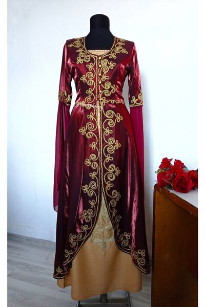 Gelincimherşey Bordo Çerkez Model Monoray Saten Elbiseli Kaftan Bindallı Kına Gecesi Kostüm