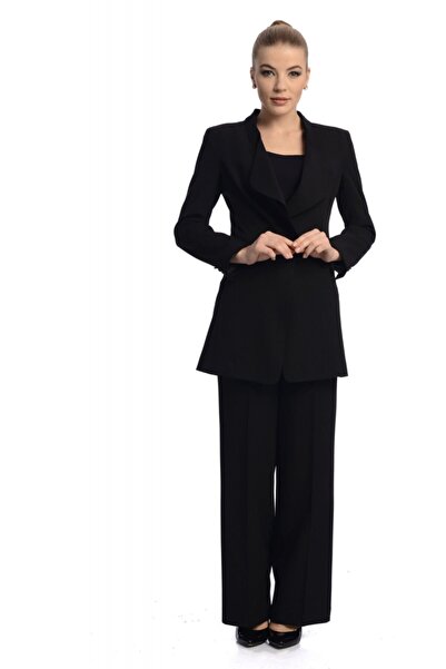 Kübra Tekin Kelly Siyah Bol Paça Bol Kesim Siyah Kumaş Pantolon