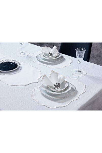 caka home design طقم مفرش طاولة 20 قطعة مع تأثير الكتان المطرز LISA (كريمي)