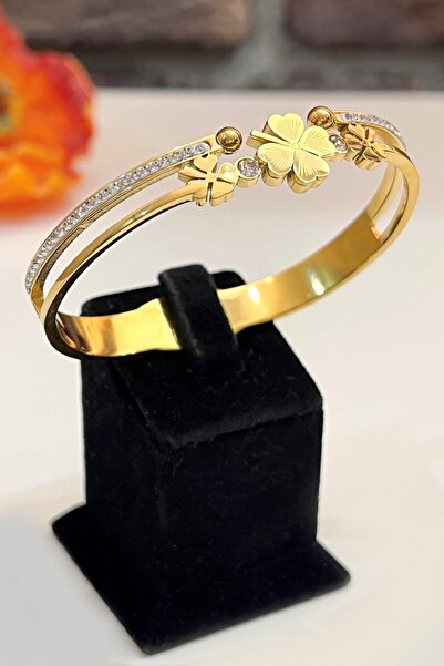 Esra Pamir Altın Renk Yonca Figürlü Zirkon Taş Işlemeli Çelik Kelepçe Bileklik