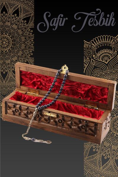 OSMANLI DEĞERLİ TAŞ Sertifikalı Safir Doğal Taş Tesbih (GÜMÜŞ PÜSKÜL-GÜMÜŞ İMAME)