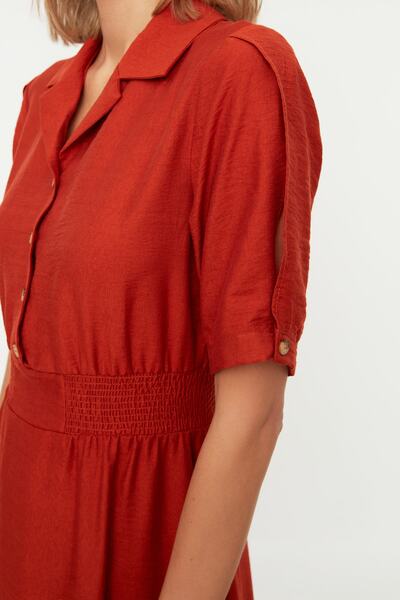 Trendyol Collection Narancssárga A-vonalú inggallér, Guiped Midi szőtt ruha TWOSS21EL1023