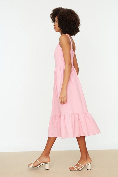 Trendyol Collection Ροζ Skater/Λεπτομέρεια με φερμουάρ που ανοίγει στη μέση Midi υφαντό φόρεμα TWOSS20EL2208