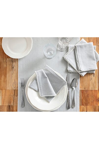 English Home Cecily Pamuk 4’lü El Işlemeli Misafir Peçetesi 34x34 Cm Gri