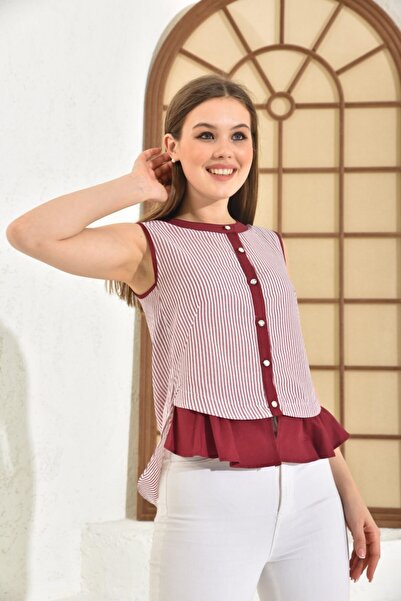 COMMFYY Çizgili Sıfır Kol Fırfırlı Bordo Kadın Gömlek