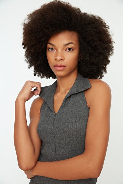 Trendyol Collection Anthracite Fitted Polo Neck Mini Ribbed Flexible Knitted Pencil Dress TWOSS22EL1981