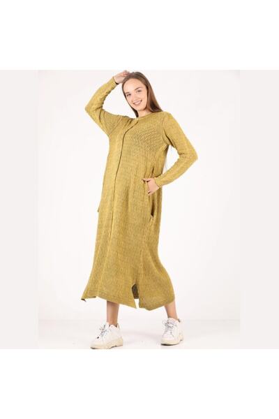 Sosyete Kaplumbağa Authentic Knitwear Large Size Hidden Pocket Detailed Patterned Washed Mustard 100% Mercerized Cotton Dress
