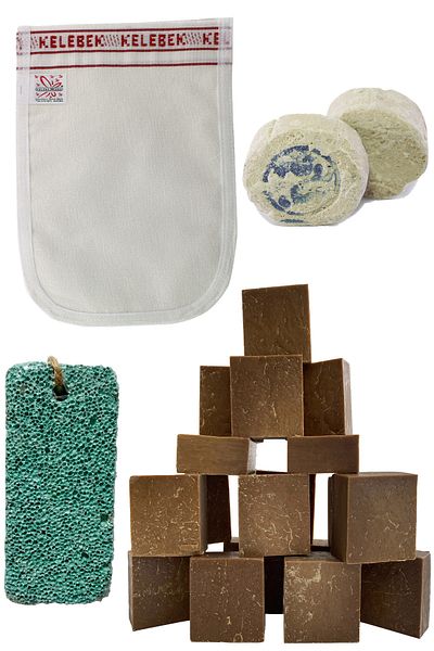 aktarix 4-Piece Bath Set 1 Molded Tar Soap + Thick Pouch + Heel Pumice Stone + 2 Pieces of Rushur Stone