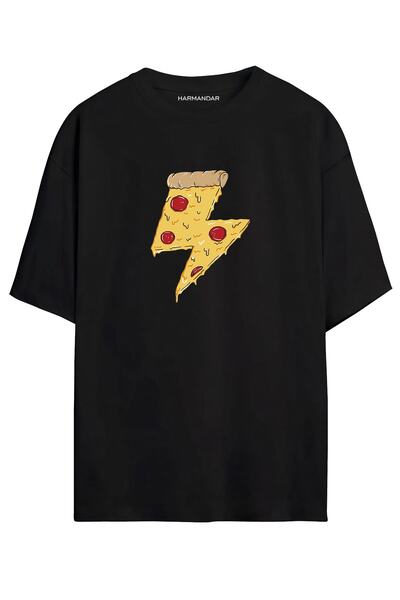 Harmandar تي شيرت أسود كبير الحجم مطبوع للجنسين من بيتزا باور