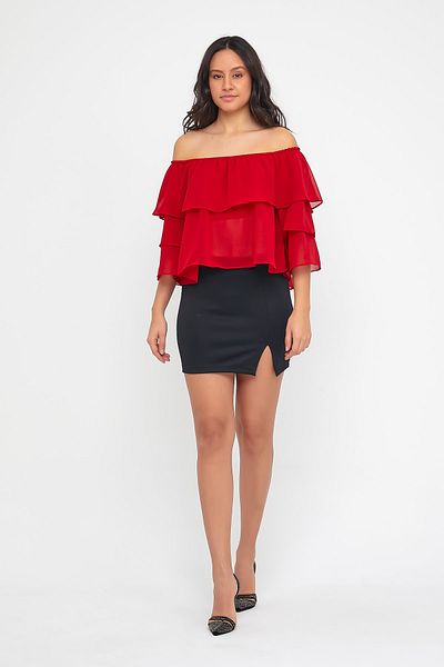 ADASTYLE Madonna Red Chiffon Blouse with Flounce Collar