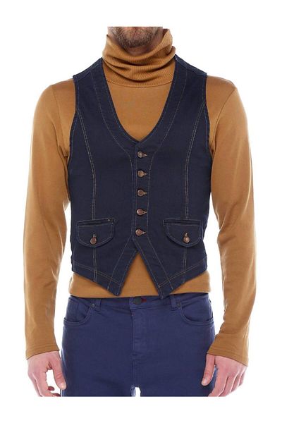 FBI Men's Navy Blue Slim Fit Metal Buttoned Denim Jeans Vest 6002-1001