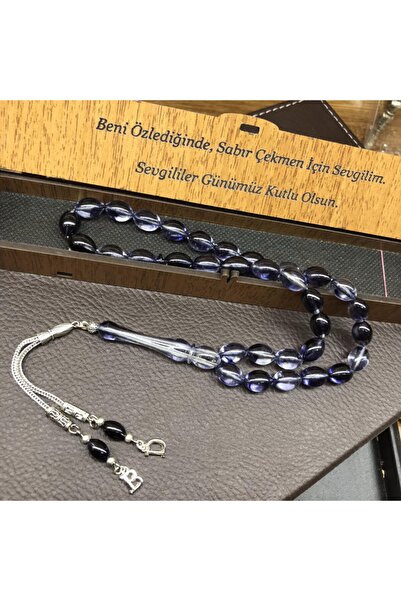 KANUNİ TESBİH Sevgililer Gününe Özel Söz Yazılı Ahşap Kutulu Koyu Şeffaf Renk Toz Kehribar Tesbih