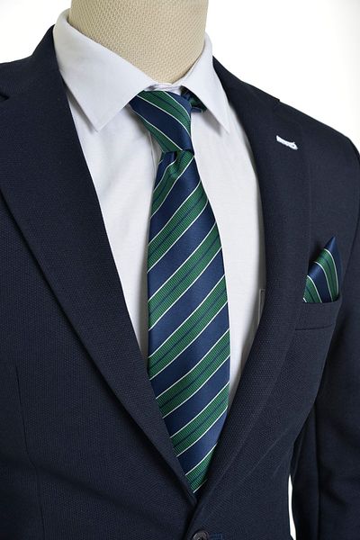 Brianze Men's Navy Blue Green Striped Handkerchief Tie