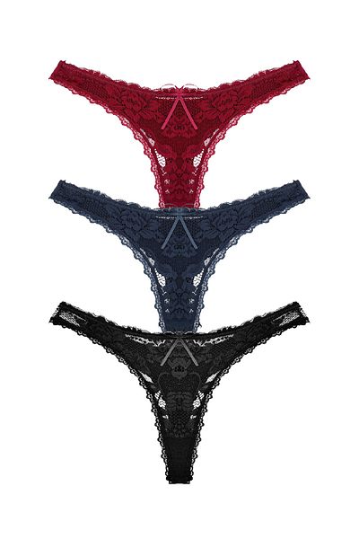 Zena 3-Piece Lace Front and Back Cotton String Women's Panties