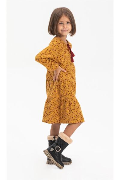 Eliş Şile Bezi Uzun Kol Pazen Alya Çocuk Elbise Çıtır Desen Hardal