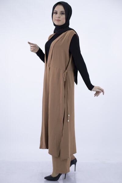 Feiza Collection Yelek Pantolon Tesettür Takım - Taba