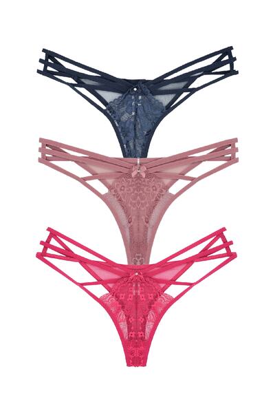 Zena 3 lü Önü Dantel Arkası Tül Ip Detaylı Fantezi Kadın Tanga Külot
