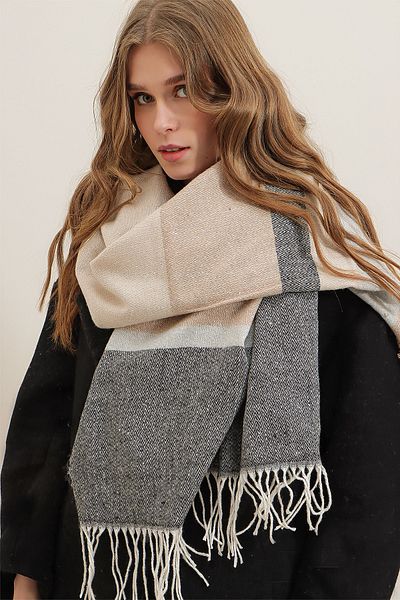 Trend Alaçatı Stili Women's Beige Soft Textured Mixed Striped Shawl ALC-A2467