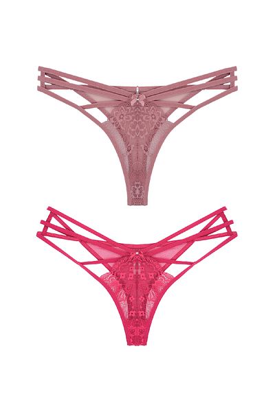 Zena 2-Piece Fancy Women's Thong Panties with Lace Front and Tulle Rope Detail on the Back