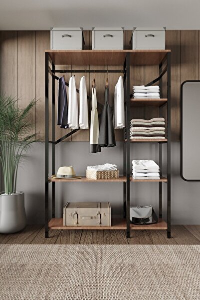 DYMO TASARIM Alkor 180x120x35 Metal Masif Ahşap Desenli Yonga Levha Açık Giyinme Dolap Portmanto Raflı