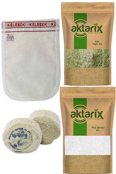aktarix 250 Gr Powdered Green Clay + 250 Gr Powdered White Clay + Thick Bath Scrub + 4 Rushur Stones