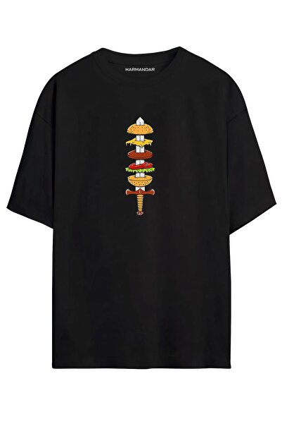 Harmandar Kılıç Şiş Tricou oversize unisex negru cu imprimeu Burger