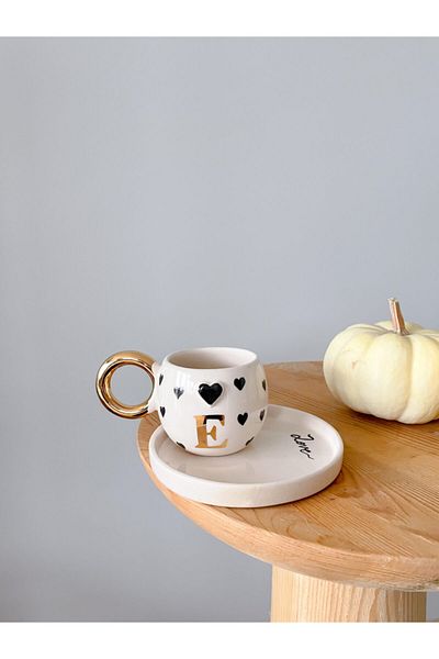 Mugtasarım 24k Gold Gilded Double Turkish Coffee Cup with Heart -e Letter -
