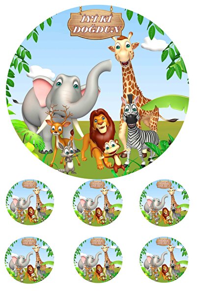 Pasta9 Yenilebilir Pasta Resmi Safarili Pirinç Kağıdından 6-8-10 Kişilik Past...