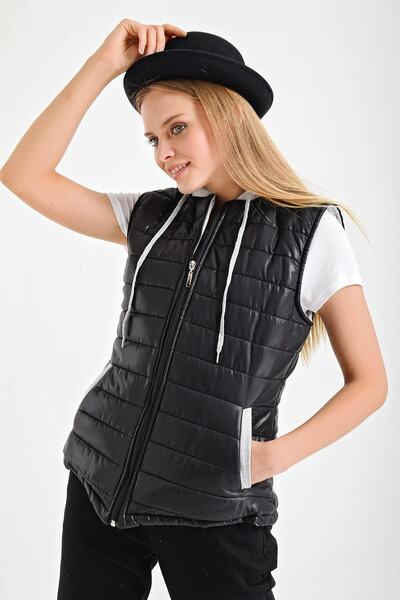 Genel Markalar Kadın  Siyah Penye Kapüşonlu Şişme Yelek