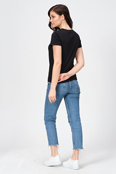 PUNKY CAT Black V-Neck Basic 100% Cotton T-shirt