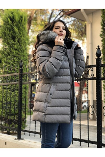 PIQUE Gray Hooded Fur Puffer Coat