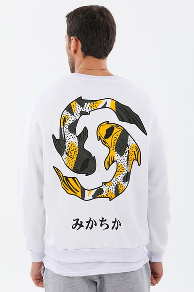 Cata Trend Ahmet Beyaz Unisex Oversize Fish Printed Sweatshirt
