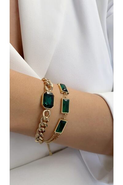 Âlâ Atelier Kararmaz Solmaz Üç Yeşil Taşlı Çelik Zincir Bileklik Gold