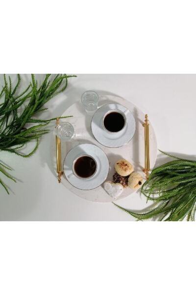 Başakmarble Quartz Marble Round Coffee Presentation Tray-metal Gold Handle