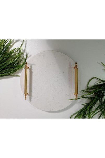 Başakmarble Quartz Marble Round Coffee Presentation Tray-metal Gold Handle
