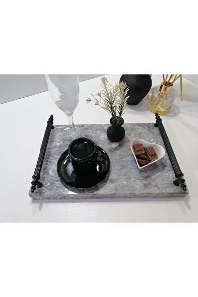 Başakmarble صينية تقديم القهوة من الرخام الطبيعي – مقبض معدني باللون الأسود